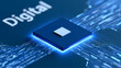 © rohit - Digital Technology Concept with Microchip and Glowing Circuit Board. Abstract Data Processing and Communication in Blue Hues. Modern Computing
