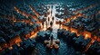 © Viktor - Stylized cityscape constructed from puzzle pieces. Small figures stand on fragments of metropolis. Buildings interlock like game parts, creating complex urban environment. Streets glow with inner