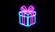 © MD - Gift box in neon sign, illuminated outline of present with bow, dark background.