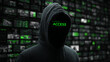 © LORD - Mysterious hooded hacker wearing dark fabric clothing standing against glowing digital screens displaying green computer code