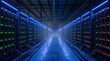 © Ahasan - Long corridor of a large data center with rows of server racks illuminated by blue led lights and glowing green status indicators in the dark