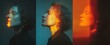 © Alexei - Portrait of a woman with short hair illuminated by colorful lighting, showcasing three different angles with vibrant hues of orange and blue against a dark background