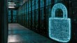 © Kazuma - Glowing digital padlock superimposed on a futuristic server room corridor