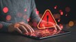 © Ryan - Cyber security warning alert on tablet screen with red danger triangle icon. Hacker attack threat notification showing unlocked padlocks and network breach. Digital data protection
