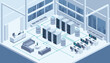 © Tarek - Isometric data center interior showcasing modern server cabinets, monitoring stations, and a comfortable lounge.