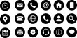 © Atikur - Minimalist contact icons set, 18 black circle web buttons, flat communication symbols for business cards and website UI ,Clean grouped each vector icon.