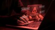 © Dedi Alfian studio - Cyber Hacker Hands Typing on Laptop with Red Holographic System Critical Threat Detected Warning