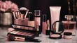 © TransPicHub - A collection of elegant pink and nude makeup products including brushes, lipsticks, eyeshadow palette, foundation, and perfume displayed on a marble surface.