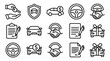 © Rishi - Modern automotive line icon collection depicting the comprehensive car journey, from purchase agreements, sales, and key handovers to insurance, scheduled maintenance, and celebratory vehicle gifts