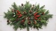 © Felippe Lopes - Festive Christmas Evergreen Garland with Pine Cones and Red Berries on White Wood Background