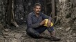 © Xenia - Middle aged Indian miner sitting on stone floor holding safety helmet. Serious male worker resting in dark underground tunnel. Hard physical labor and mining industry concept