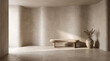 © Yassine - Minimalist wabi-sabi interior design featuring curved plaster walls, a textured bench, and soft natural sunlight