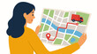 © MD - Woman holding a city map with red delivery truck icon and route line marked between location pins, flat colors, vector illustration, side view, navigation and logistics concept