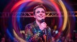 © IbragimovN - Energetic young performer in glittering outfit on stage with vibrant light trails for dynamic concert backdrop