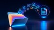 © Add Win - Modern data management: Digital documents efficiently transferring from a stylish, glowing folder into an interconnected virtual storage solution, showcasing advanced technology.