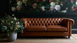 © Kateryna Arkhypova - Luxurious interior featuring a vintage brown leather Chesterfield armchair against a dramatic floral mural, sophisticated design concept, with copy space