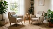© Naseem - Serene counseling office with two empty beige upholstered armchairs facing each other beside a small wooden side table, surrounded by lush green potted plants, bookshelf, and soft natural window light