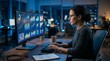 © Khan - Female data scientist analyzing colorful charts and graphs on curved monitor in modern dark office at night, working late with coffee mug beside keyboard, focused analytics and business intelligence