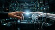 © Khan - Human hand reaching toward sleek white humanoid robot hand, fingertips nearly touching, futuristic server room background with glowing blue light, AI and technology concept