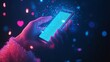 © Agus - Woman's hand holding phone, glowing screen, dark bokeh background, digital love