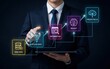 © Tech_Lab - Businessman touching digital interface of data process