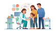 © Hartini - A caring female doctor examines a young child during a medical appointment, with concerned parents present in a bright, modern clinic setting