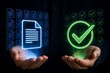 © Dekap - Hands holding glowing document and checkmark icons, digital success concept