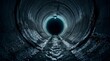 © MheeP - A dark underground sewer tunnel with wastewater flowing inside a round concrete pipe.