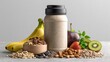 © 69 - High protein smoothie with seeds and fresh fruits including banana strawberry plum kiwi nuts and oat grains for healthy diet and nutrition concept