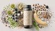 © 69 - Natural protein powder supplement bottle surrounded by fresh fruit nuts seeds and superfood ingredients for healthy nutrition and balanced diet concept