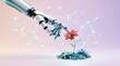 © Arif044 - Robotic hand gently touching delicate flower symbolizing artificial intelligence interaction with nature with reaching down touch vibrant pink flower mechanical robotic synthetic