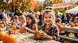 © Purple 1 - Happy halloween celebration with joyful children painting pumpkins at an outdoor fall festival in the autumn season