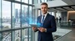 © Mushfiqul - Confident businessman using digital tablet with futuristic holographic interface in modern office overlooking city skyline