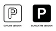 © mstmahmuda - Parking Icon: Two distinct versions of a parking sign - one outlined and the other a solid silhouette - displayed against a clean background.