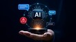© Aish-Studio - Hand holding glowing artificial intelligence microchip displaying chat bubbles prompt button and red warning alert representing chatbot system error