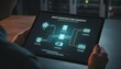 © Olga Gorkun - Professional technician holding a digital tablet to display an interactive smart building hvac infrastructure diagnostic map