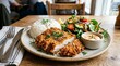 © rubina - Grilled chicken breast served with fresh garden salad and creamy dressing on wooden table.