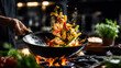 © remake - Chef tosses shrimp and fresh vegetables in a wok over open gas flame. This delicious asian cuisine dish sizzles with prawns, peppers and herbs, a tasty stir fry meal prepared in a professional