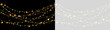 © Iryna - Golden string lights hanging in curves. Decorative glowing fairy lights isolated on black and transparent background