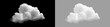 © Oksana - White fluffy cumulus cloud cutout isolated on black and transparent background. Isolated realistic cloud element for graphic design overlay