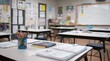© Justlight - Detailed medium shot of a language arts tutoring space desks arranged with notebooks and pens a whiteboard highlighting grammar tips and educational posters gently blurred behind.