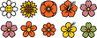 © Md - Retro Flower Power Icon Set with Smiley Face Daisy Sunflower Hibiscus Poppy and Cherry Blossom Line Art Illustrations for Seventies Aesthetic Graphic Designs
