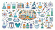 © Xisxas - Educational science collection displays various laboratory equipment and chemical research tools arranged to demonstrate scientific discovery processes within professional academic or medical