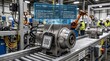 © Rcy - Industrial component with digital product passport and QR code on a factory assembly line.