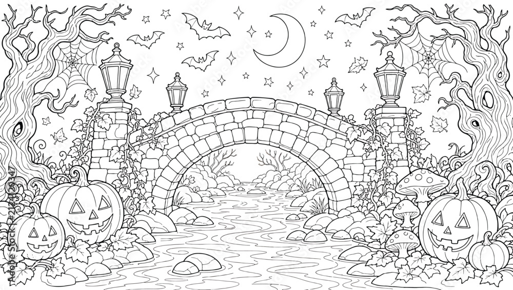 Spooky halloween stone bridge line art coloring page, jack o lantern ...