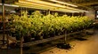 © vallerion - Rows of green plants growing indoors under artificial LED lighting in a controlled environment.