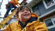 © Maksym Tereshchenko - A child in a bright rain slicker peers up at a gutter guard installer working a two-story ladder in a rain-soaked suburban street, face tilted skyward in wonder at roofline tools and mesh rolls desc