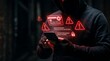 © ikhsan - Hacker using a smartphone with cyber security alert holograms and fraud warnings in a dark room