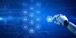 © Jubayer - Cybersecurity cybercrime internet scam business, Cyber security platform privacy protection 3D AI robot safety icon, computer virus attack defense
