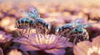© thiago - Two highly detailed robotic bees with iridescent wings rest on delicate pink flowers, blending technology and nature in a surreal scene.
